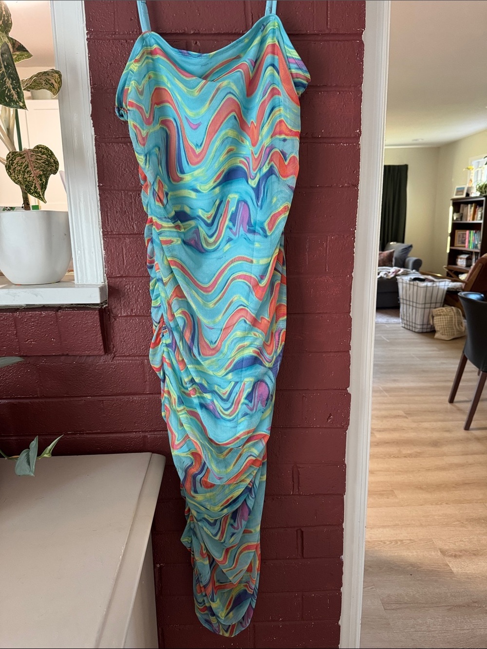 wild fable Light Blue Multi Color Swirl Ruched Bodycon Mesh Dress with Lining XL